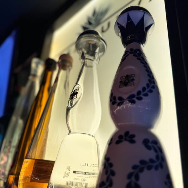 Backlit tequila bottles, including Don Julio and a decorative ceramic bottle, on a bar shelf.